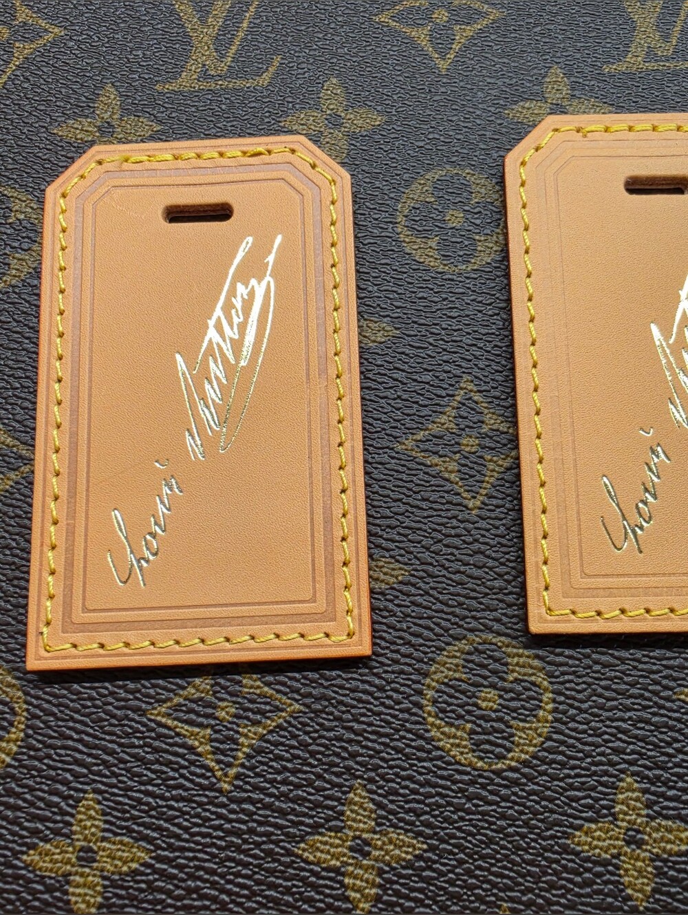 Louis Vuitton Tan Leather Luggage Tag Pair with Gold Script...CELEBRATING 130 Yr